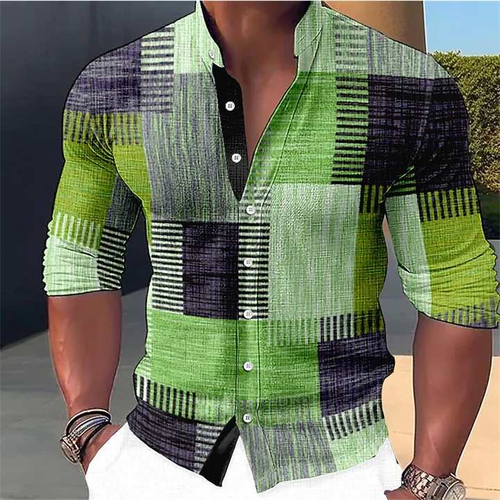 Stylish men's patchwork shirt with a unique geometric print design and a fashionable mandarin collar. Versatile casual wear.