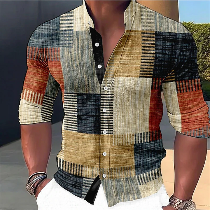 Warm weather men's long-sleeve shirt. Features eye-catching patchwork geometric print and a chic mandarin collar for summer.