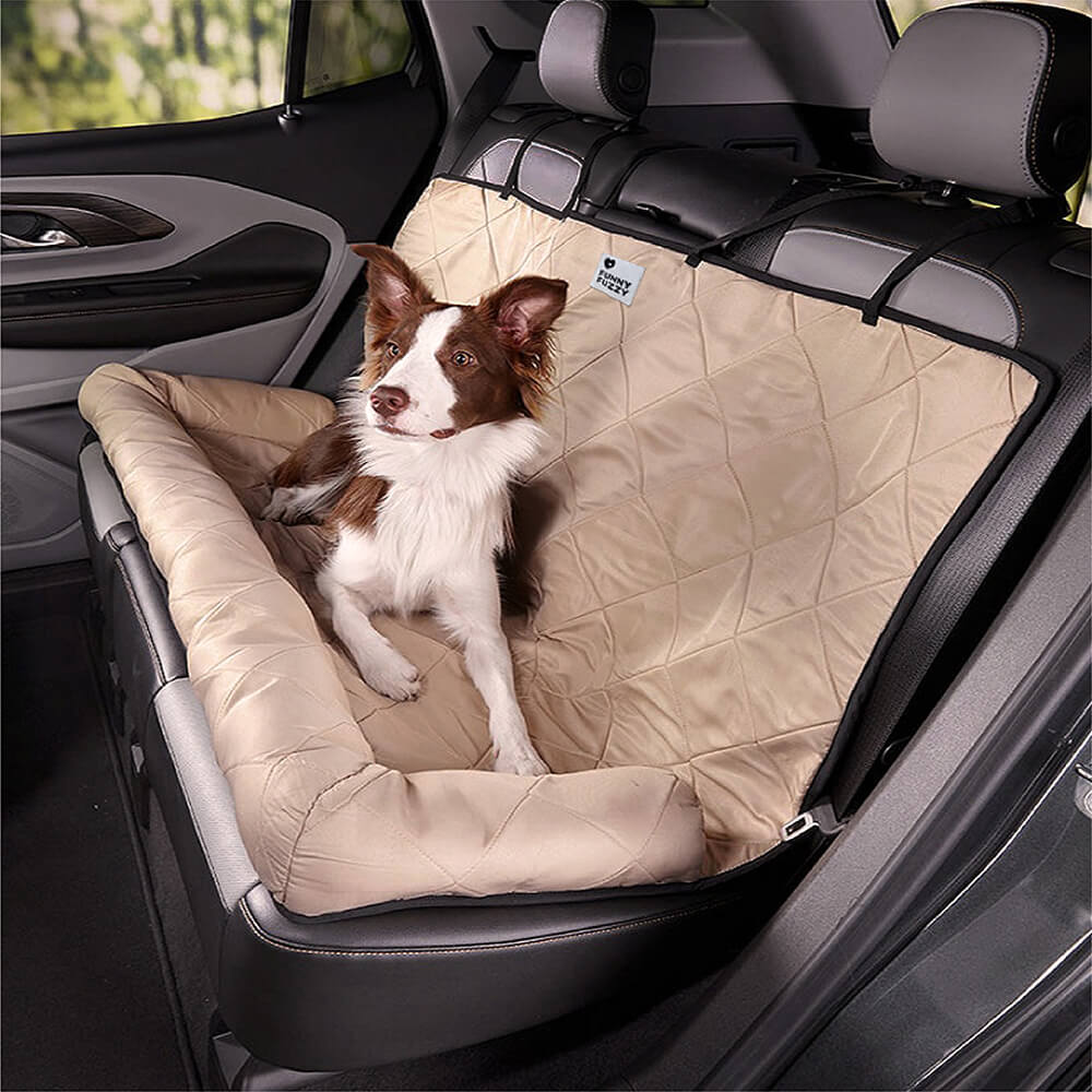 Dog car seat cover for safe travel, protects upholstery, non-slip design, cream khaki.