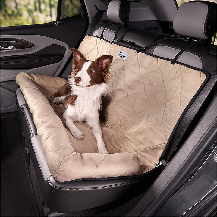 Dog car seat cover for safe travel, protects upholstery, non-slip design, cream khaki.