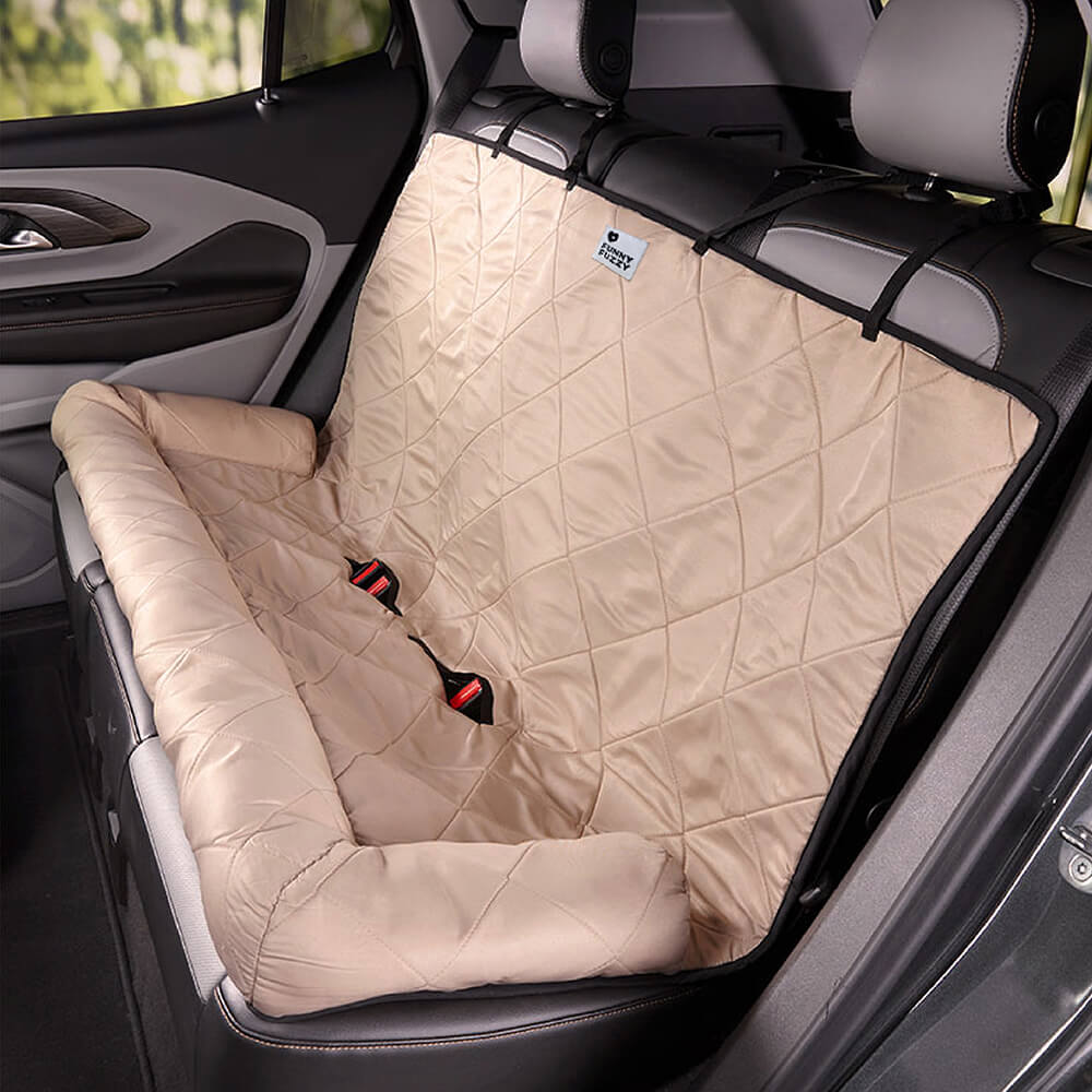 Comfortable dog car seat cover, pet bed for safe travel, protects car interior.