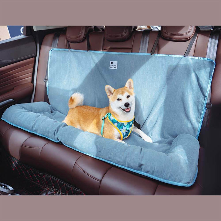 Cream khaki dog car seat cover, washable, non-slip, pet travel comfort & safety.