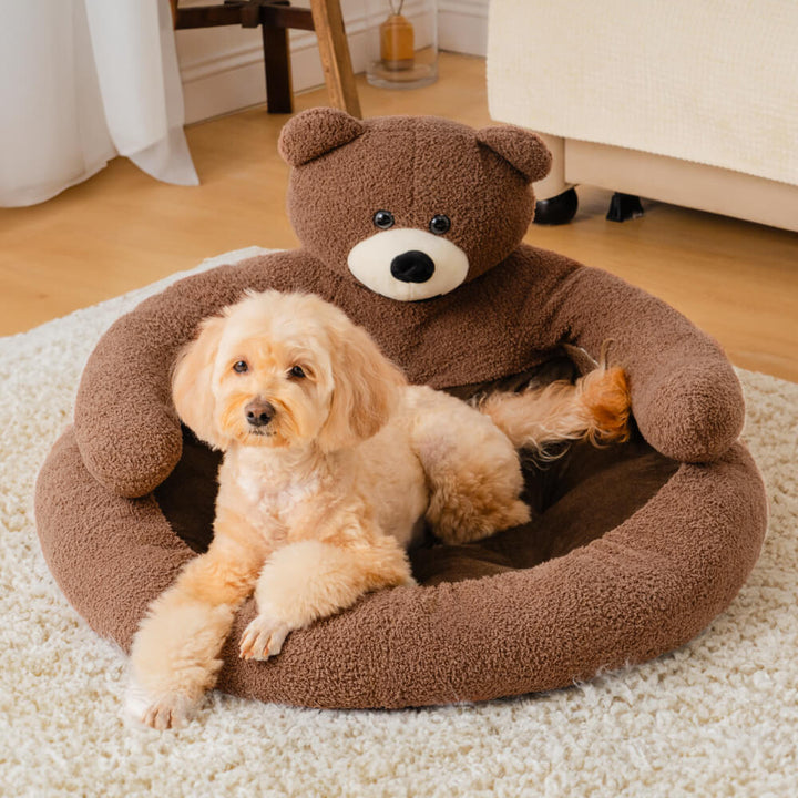 Brown adjustable pet bed, a comfy plush dog bed or cat bed. Cozy and secure for pets of all sizes.