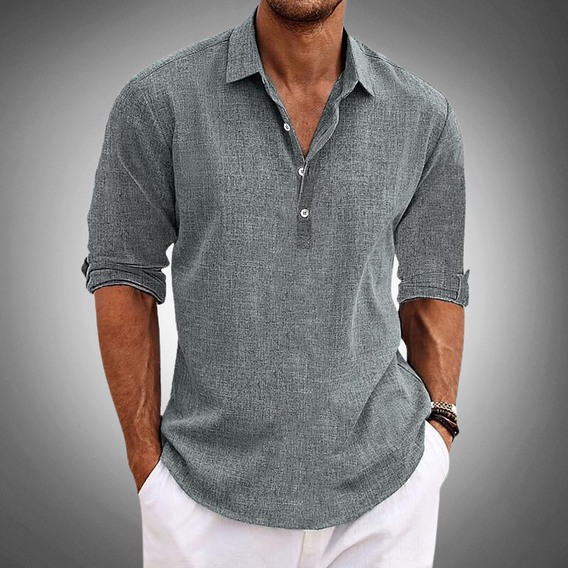Stylish men's grey relaxed fit button-up shirt with long sleeves, perfect for casual everyday and summer wear.