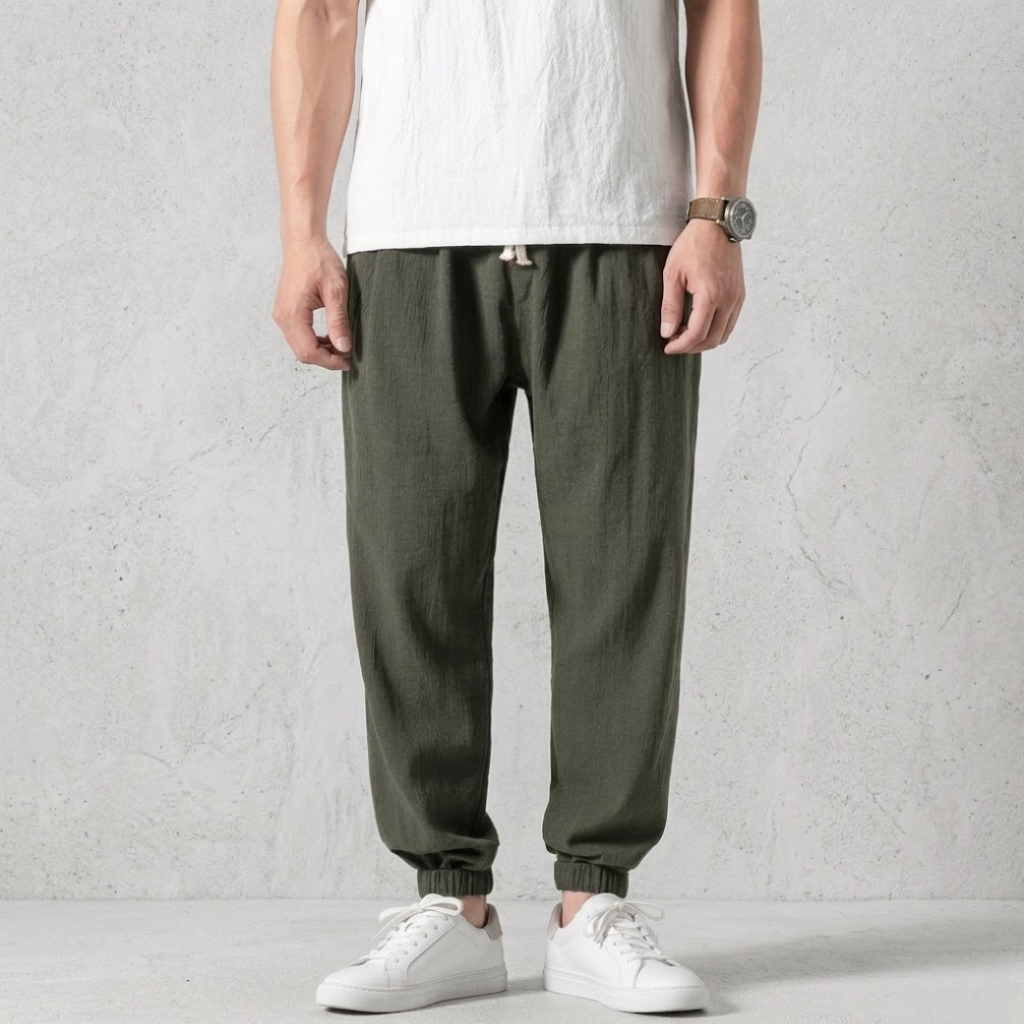 Men's fashion tapered linen jogger pants, offering ultimate comfort for casual or everyday wear.