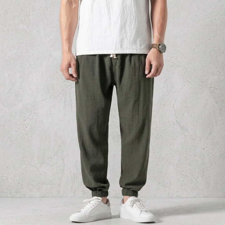 Men's fashion tapered linen jogger pants, offering ultimate comfort for casual or everyday wear.