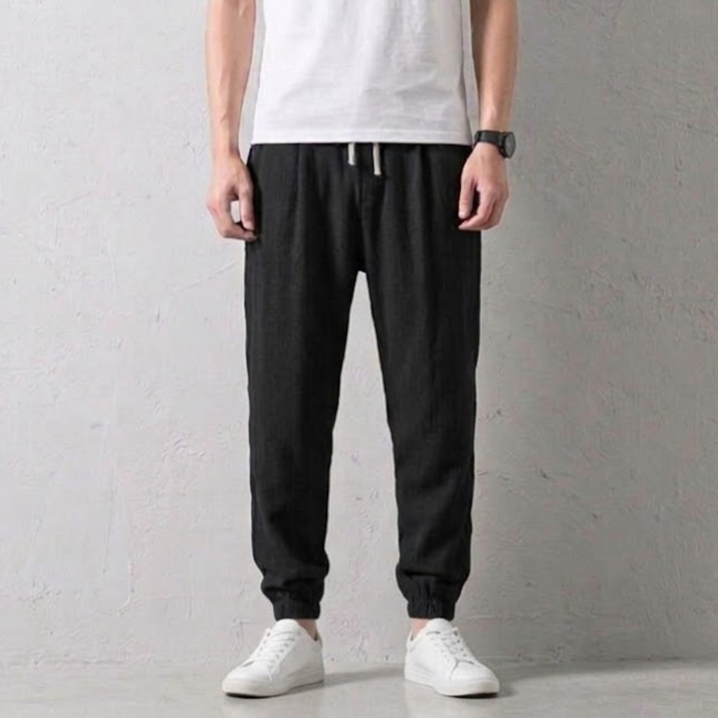 Relaxed fit men's linen jogger pants, tapered design for daily comfort and stylish casual wear.