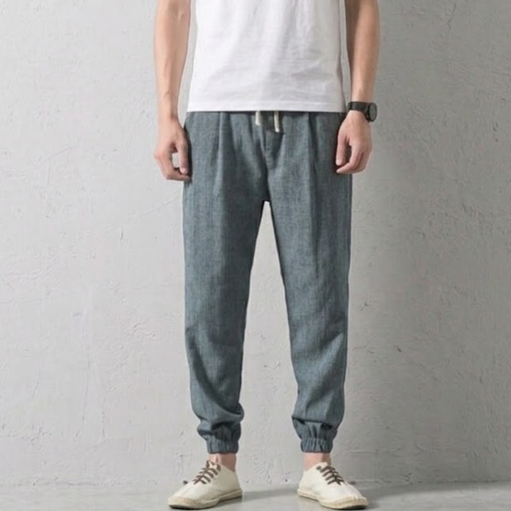 Breathable linen men's tapered jogger pants, ideal for comfortable casual wear and everyday style.