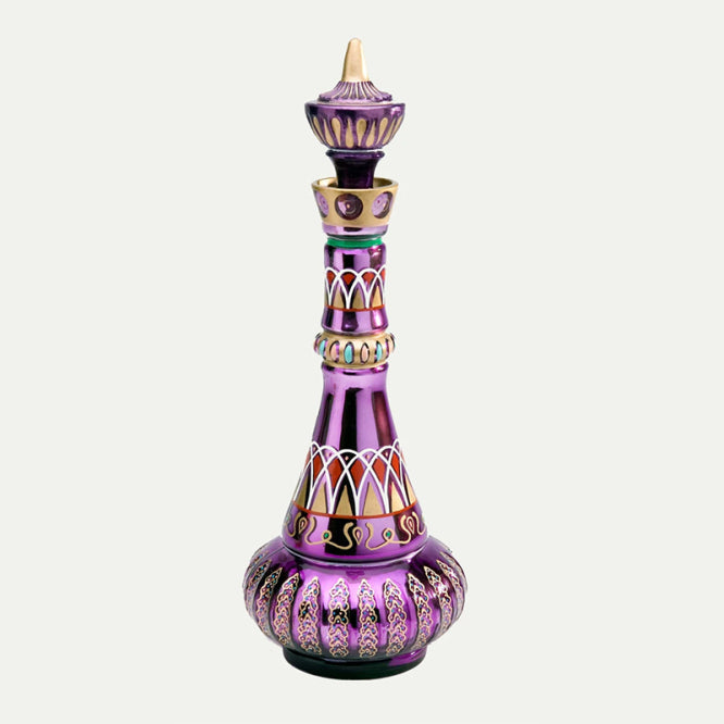 Enchanting hand-crafted purple genie bottle, decorative glass art home accent.