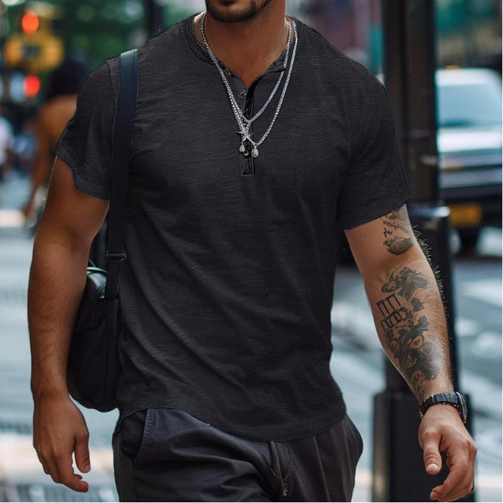 Comfortable men's short sleeve Henley button shirt, great for relaxed fit and casual summer fashion.