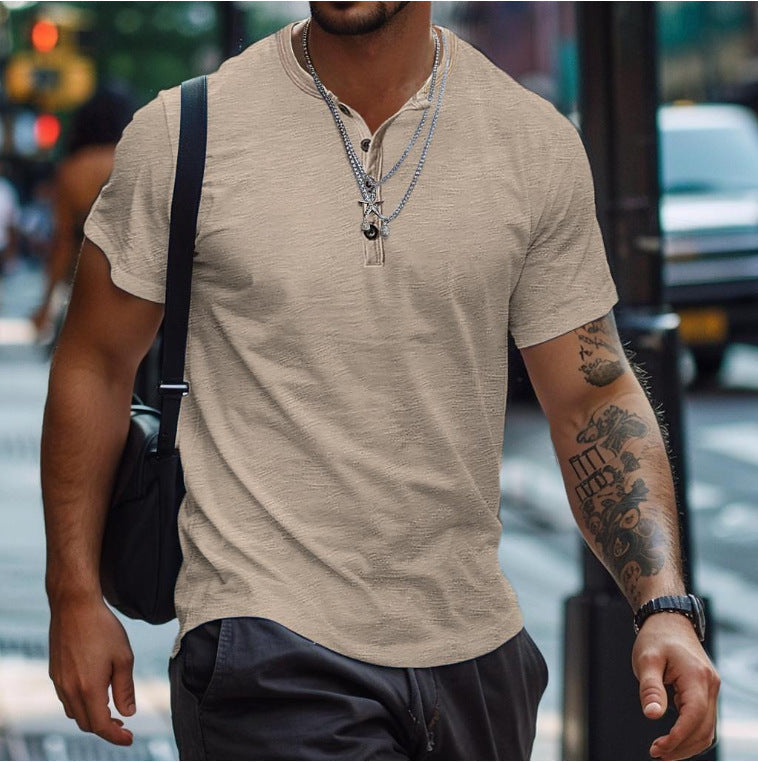 Stylish men's short sleeve Henley tee, perfect for relaxed summer outfits and versatile casual wear.