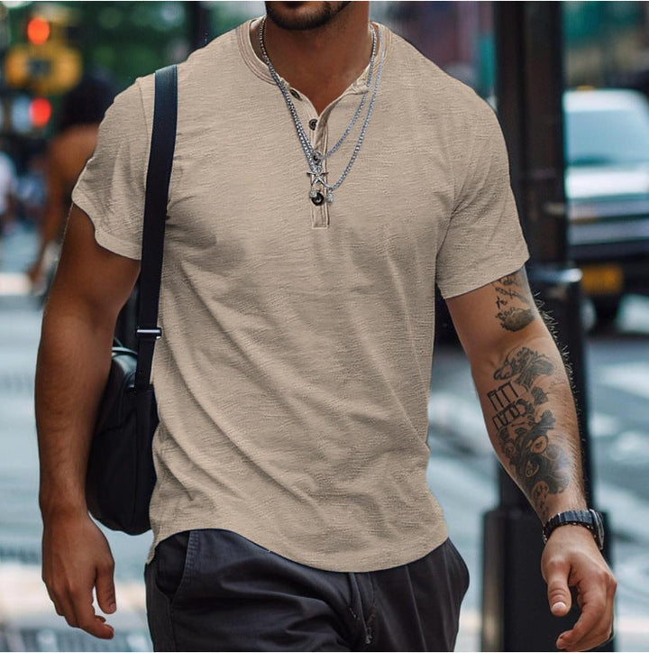Stylish men's short sleeve Henley tee, perfect for relaxed summer outfits and versatile casual wear.