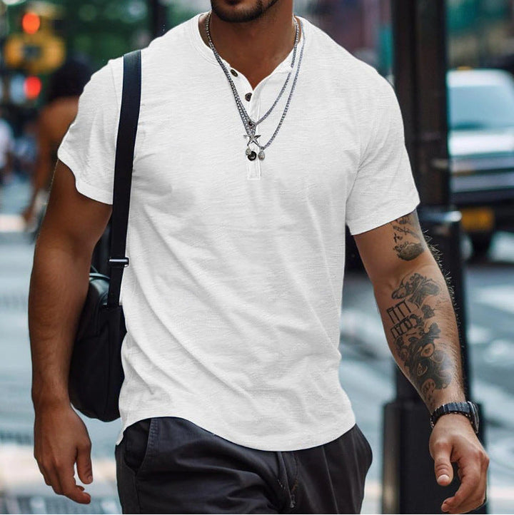 Relaxed fit men's short sleeve Henley shirt, a comfortable casual top for any day's fashion.