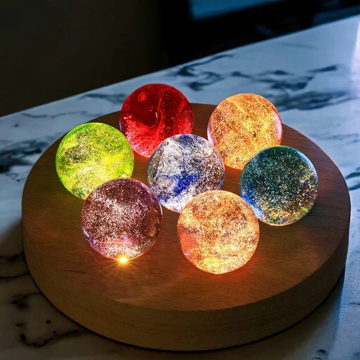 USB powered luminous galaxy orb crystal light, featuring a stylish wooden LED base for home decor.