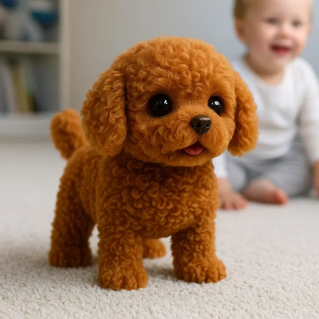 Adorable electronic robot dog plush toy, an interactive barking puppy for kids, makes a great gift.