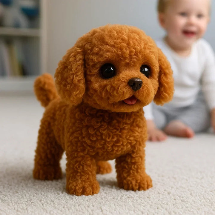 Adorable electronic robot dog plush toy, an interactive barking puppy for kids, makes a great gift.
