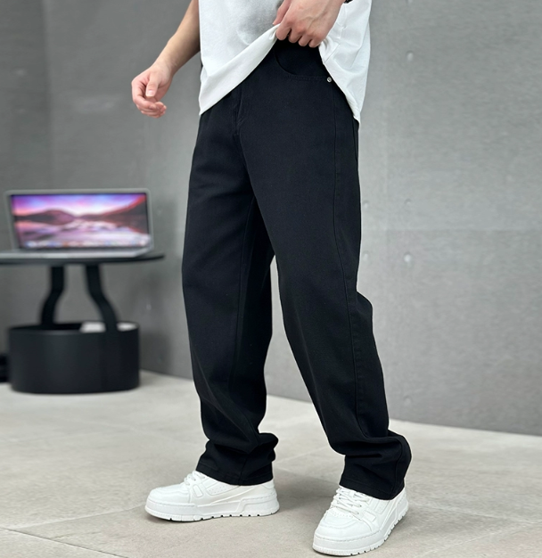 Dark gray men's relaxed fit straight leg jeans. Comfortable everyday pants for versatile casual fashion.