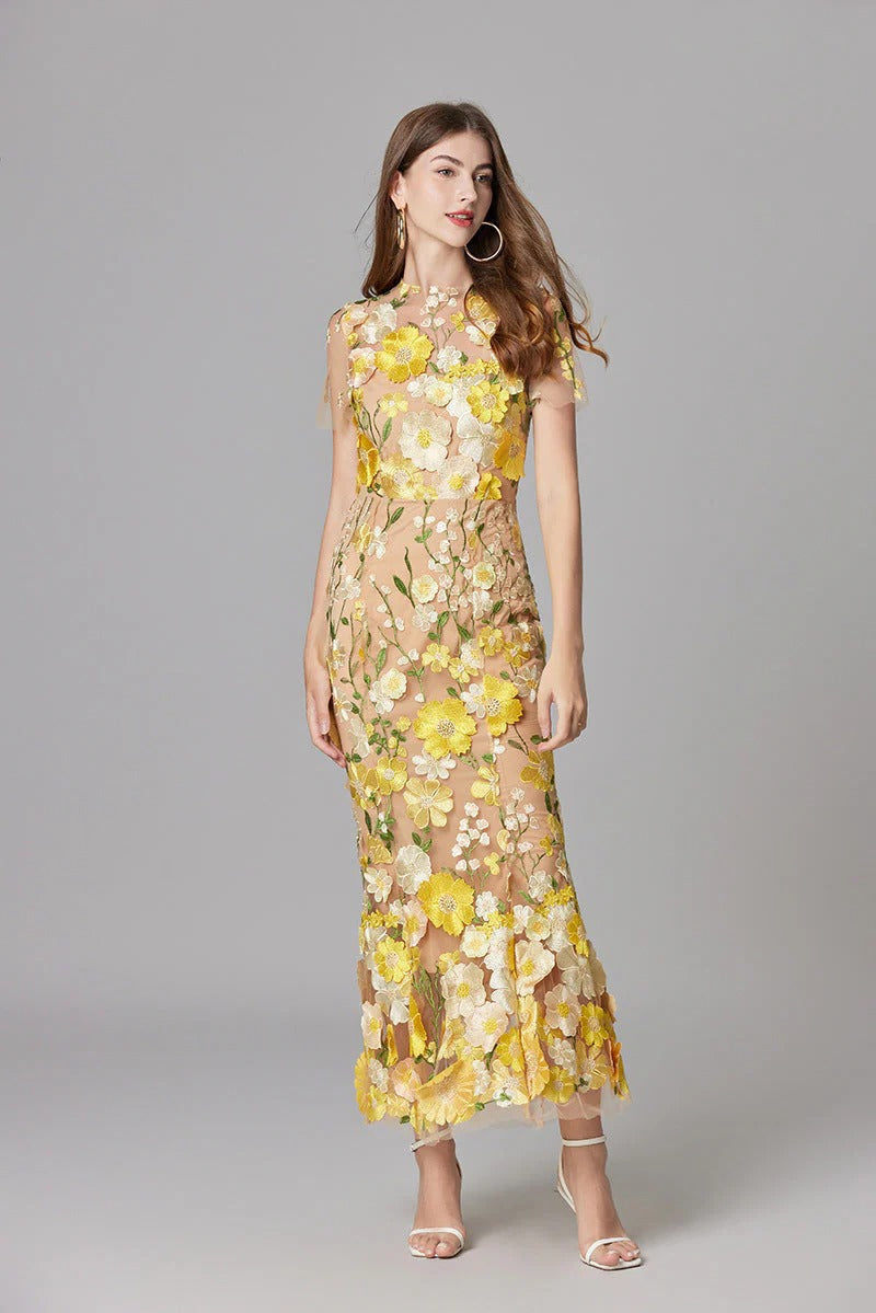 Women's 3D Floral Embroidered Maxi Dress