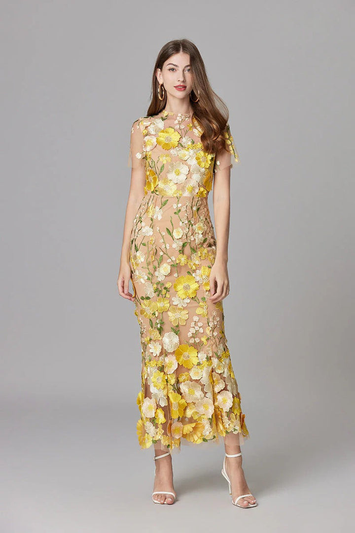 Women's 3D Floral Embroidered Maxi Dress