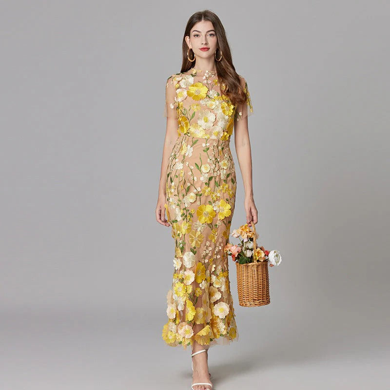 Women's 3D Floral Embroidered Maxi Dress