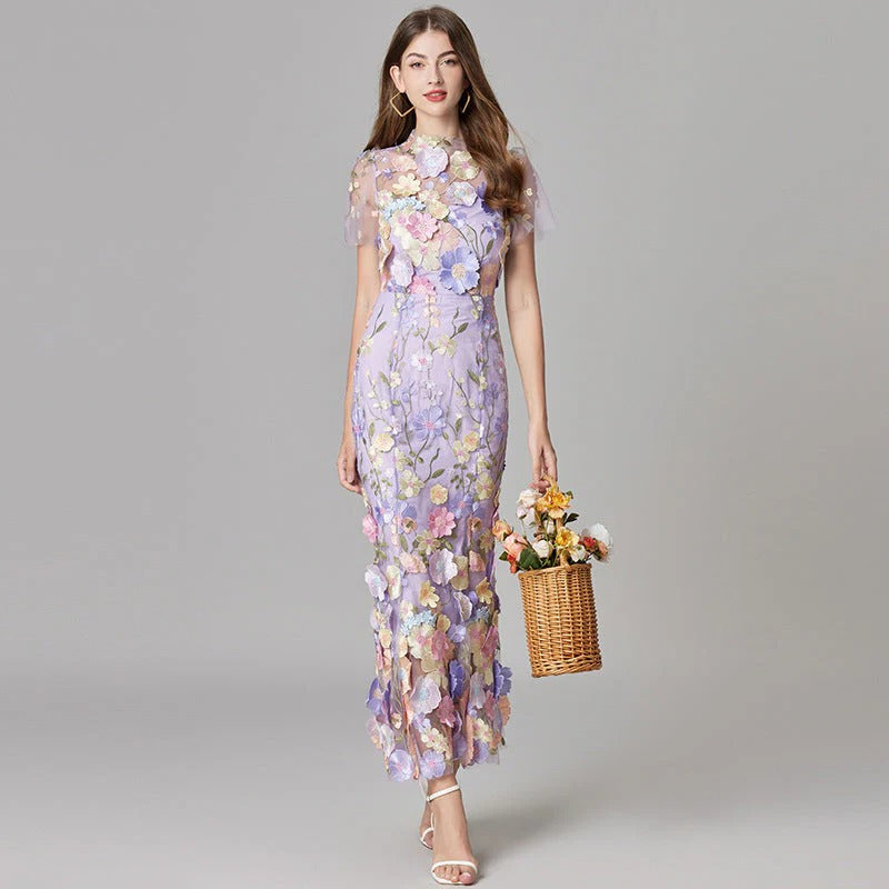 Women's 3D Floral Embroidered Maxi Dress