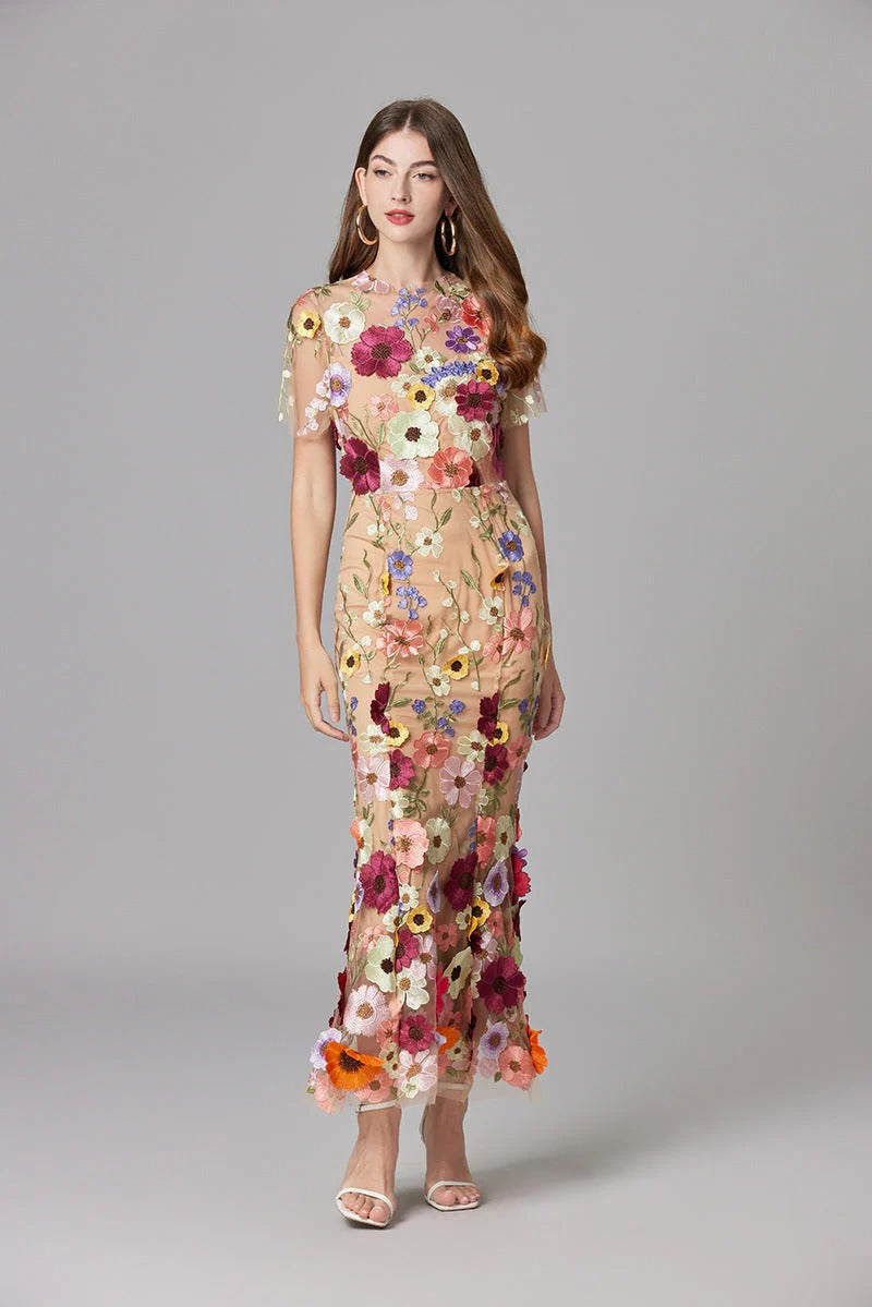 Women's 3D Floral Embroidered Maxi Dress