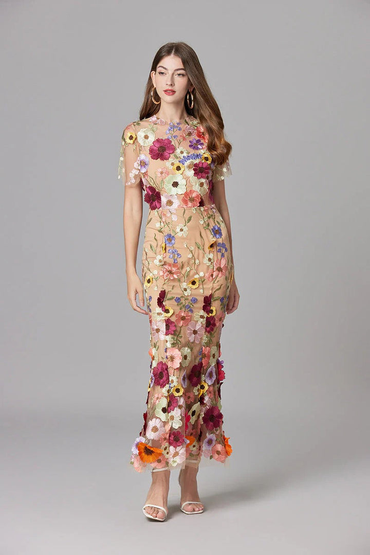Women's 3D Floral Embroidered Maxi Dress
