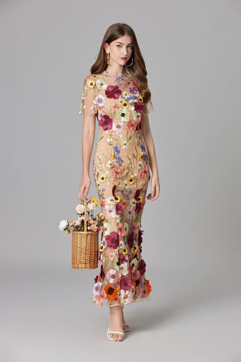 Women's 3D Floral Embroidered Maxi Dress