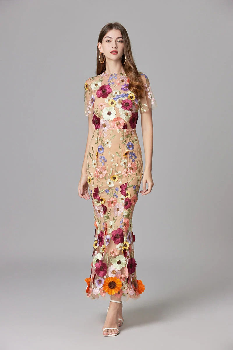 Women's 3D Floral Embroidered Maxi Dress