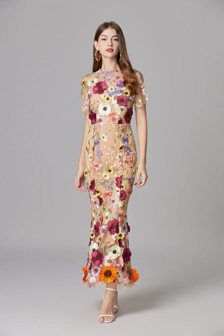 Women's 3D Floral Embroidered Maxi Dress