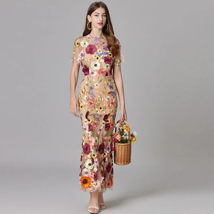 Women's 3D Floral Embroidered Maxi Dress