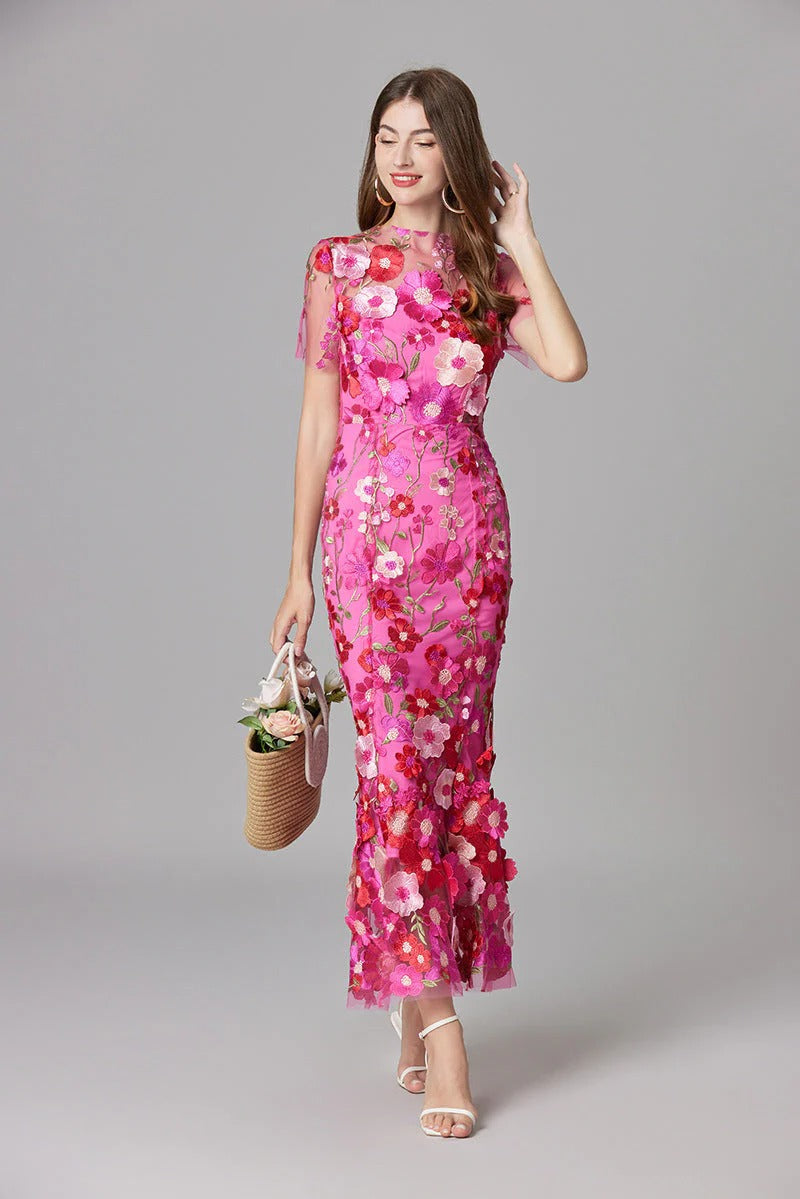 Women's 3D Floral Embroidered Maxi Dress