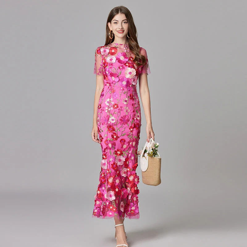 Women's 3D Floral Embroidered Maxi Dress