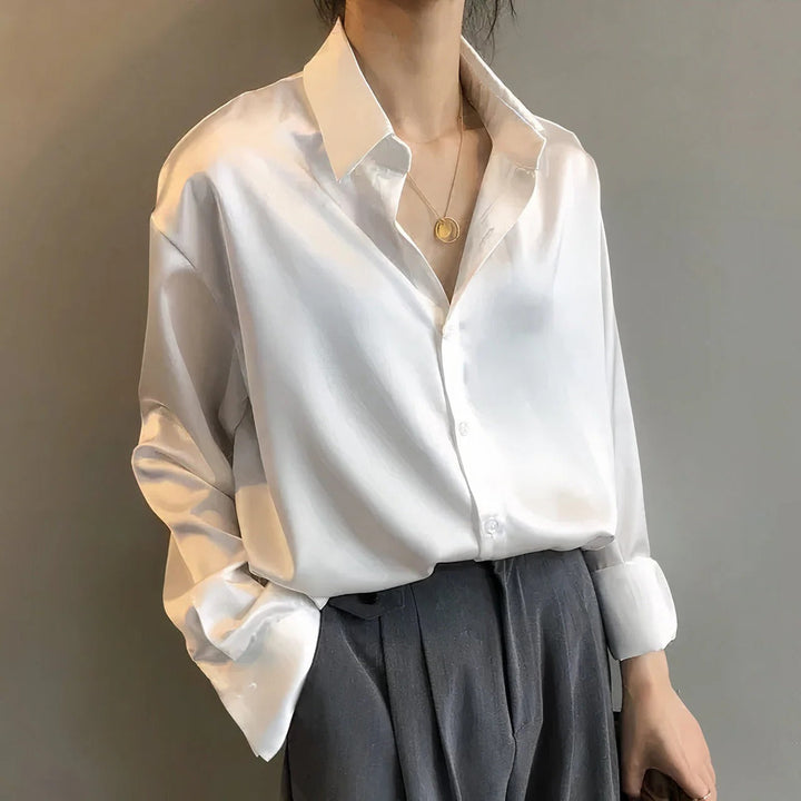 Women's Satin Long Sleeve Button Down Shirt
