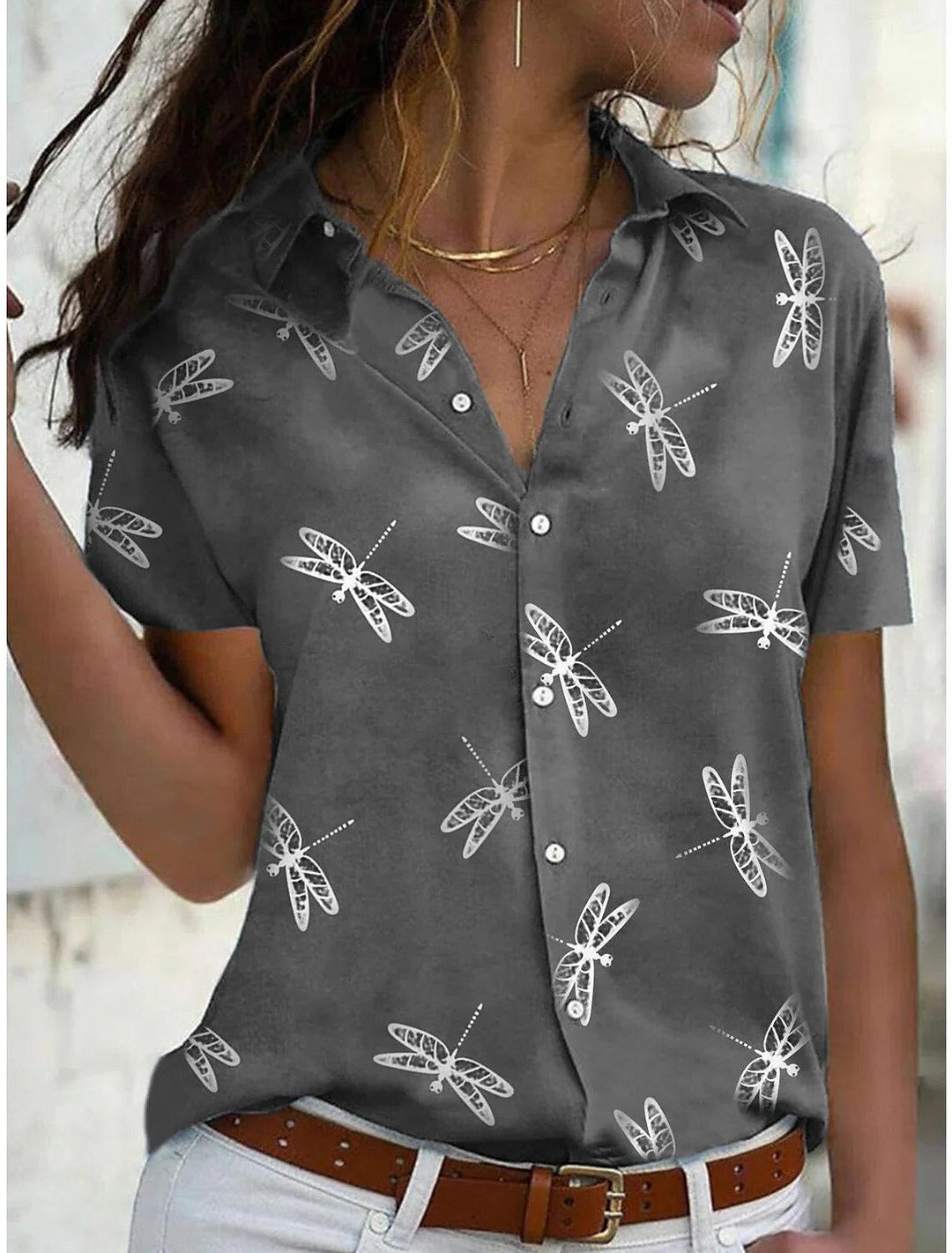 Women's Dragonfly Print Short Sleeve Shirt