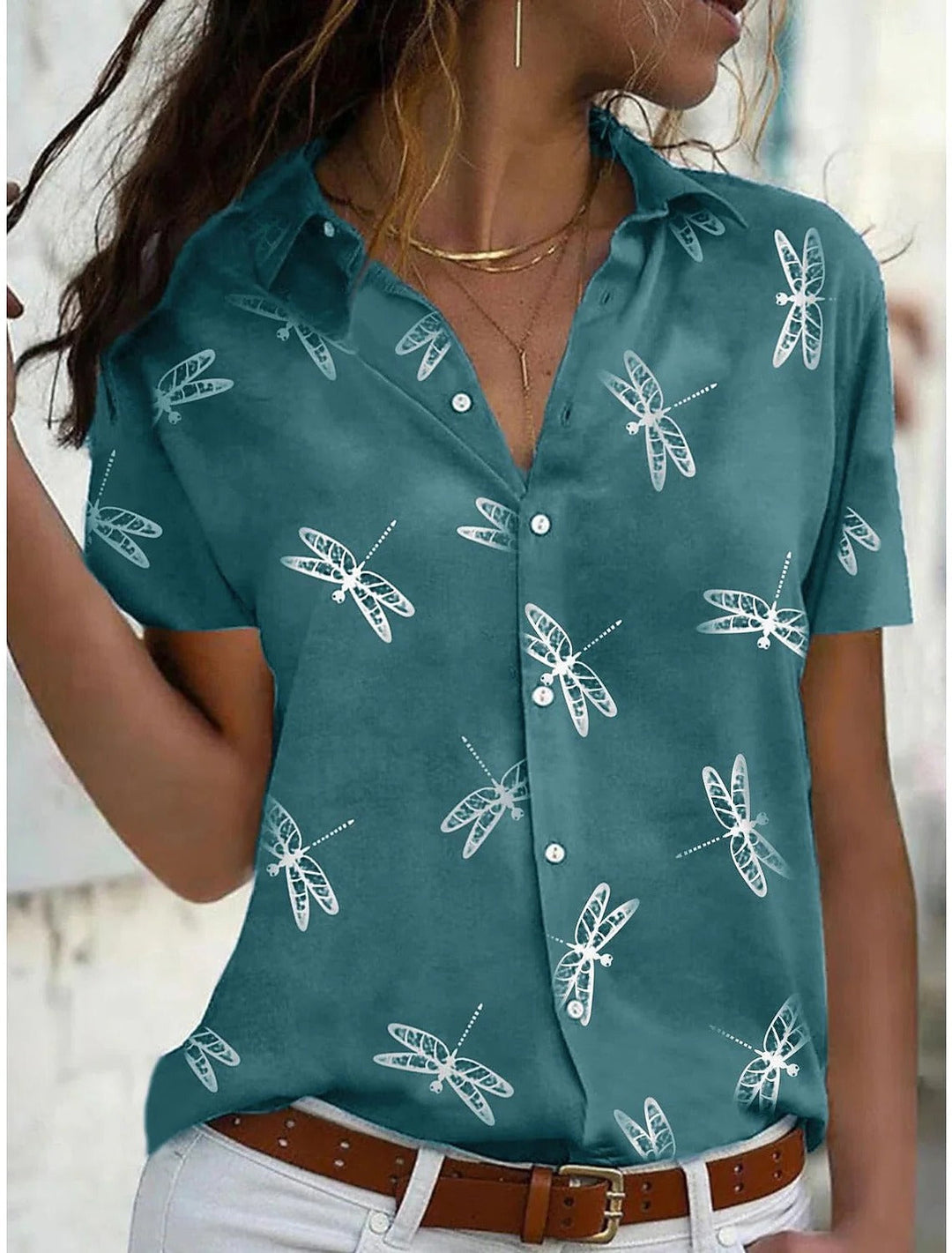 Women's Dragonfly Print Short Sleeve Shirt