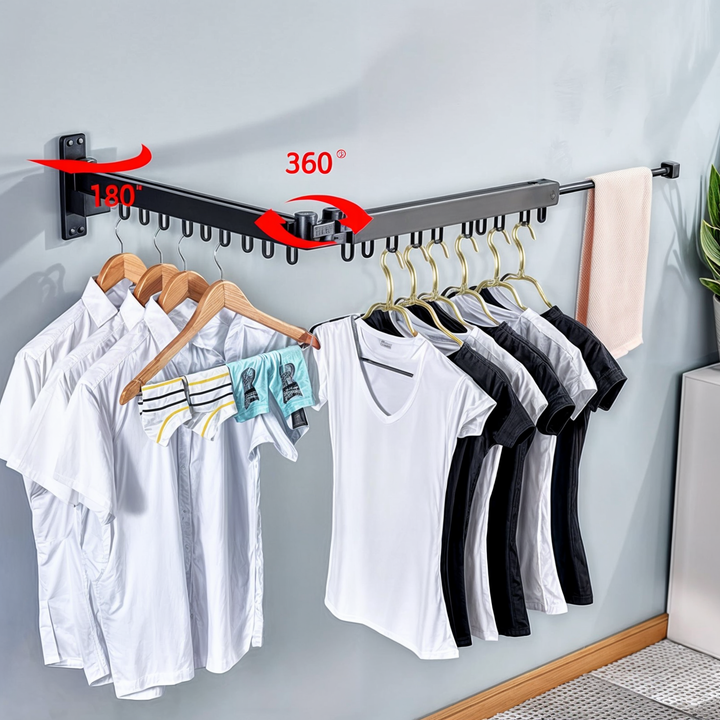 Foldable wall-mounted drying rack, extendable aluminum clothes airer for compact, organized laundry spaces.