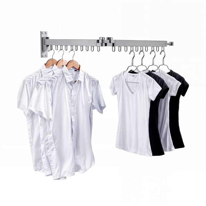 Grey wall-mounted extendable clothes airer, aluminum laundry drying rack for space-saving home organization.