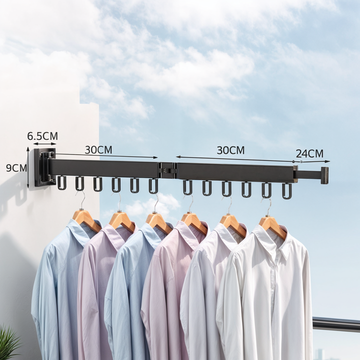 Sleek black wall-mounted extendable clothes airer, a durable laundry rack for compact living organization.