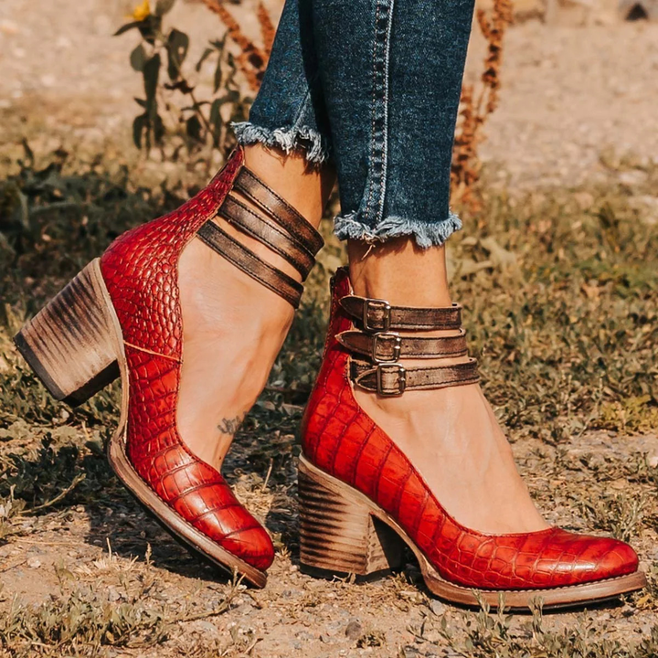 Elegant orthopedic strappy ankle boots for women, perfect for everyday wear with a comfortable block heel.