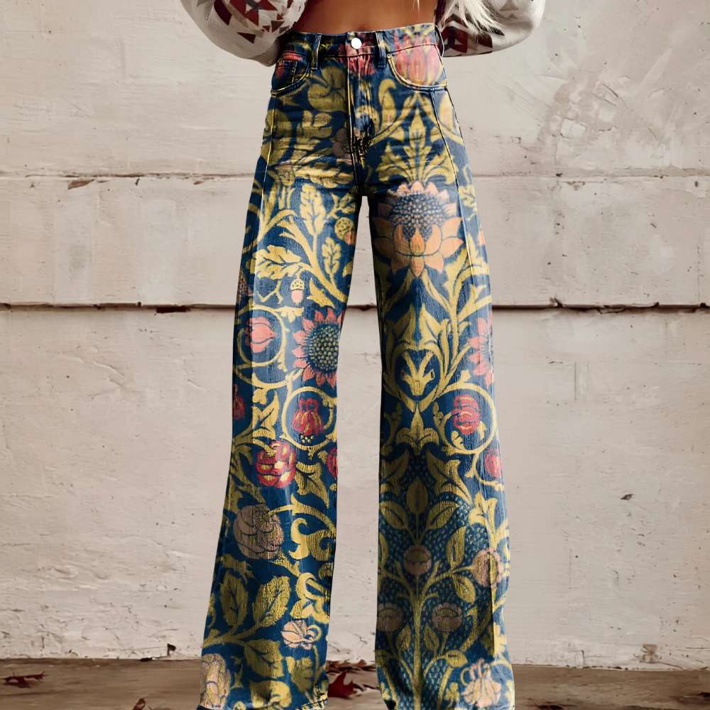High-quality women's high waist wide leg floral print jeans. Durable and stylish patterned denim for unique looks.