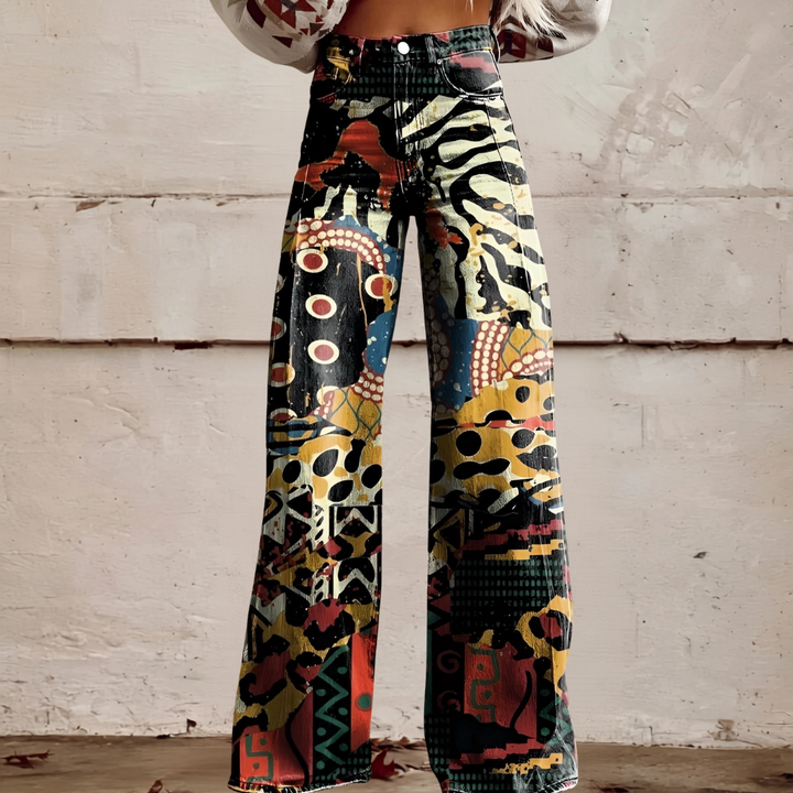 Versatile women's high waist wide leg floral jeans. Unique patterned trousers for various casual occasions.