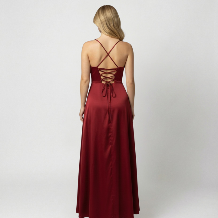 Maxi slip dress for women, elegant and formal, with a stylish leg slit, suitable for evening wear.