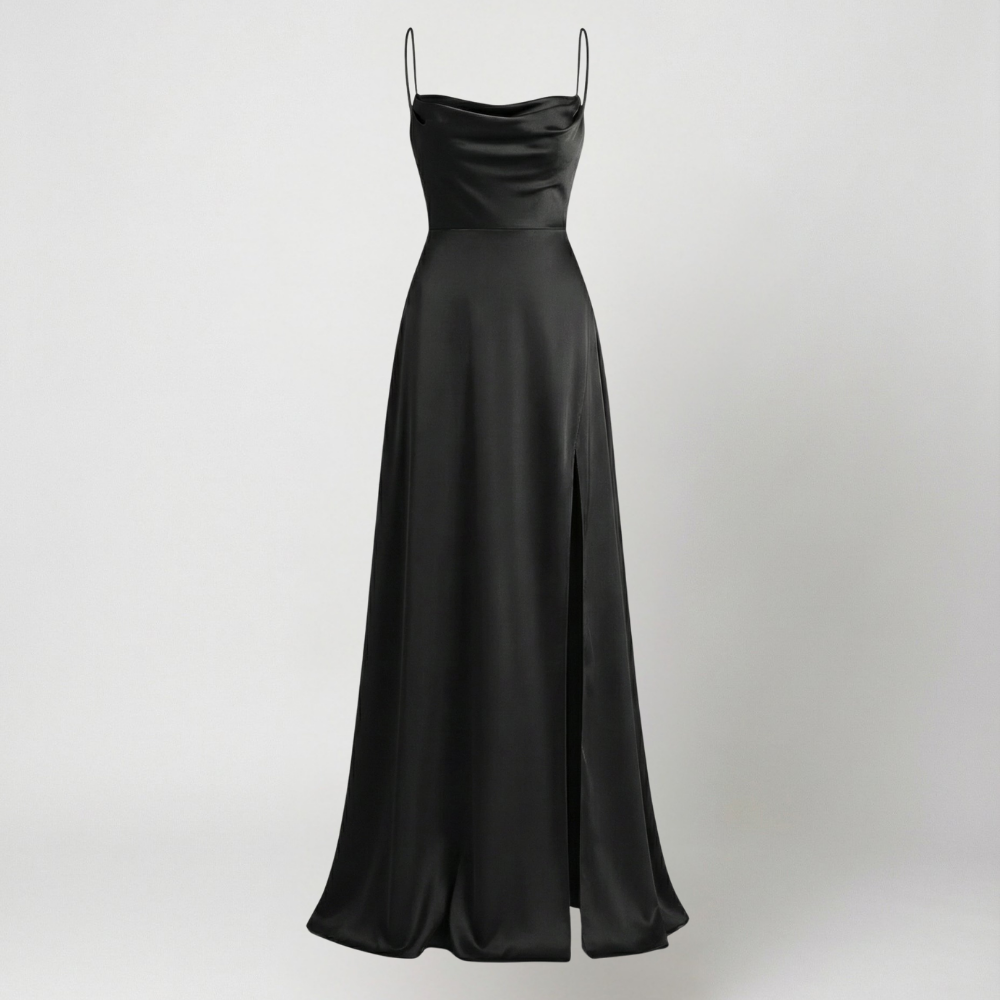 Women's elegant maxi slip dress, a long party dress with a stylish leg slit and spaghetti straps.