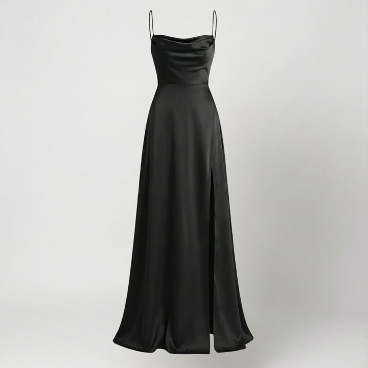 Women's elegant maxi slip dress, a long party dress with a stylish leg slit and spaghetti straps.