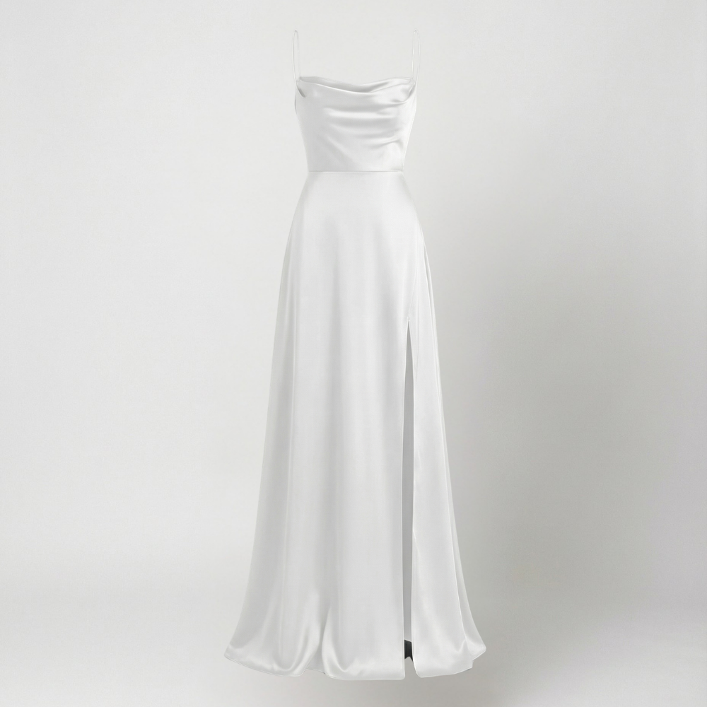 Long, elegant women's slip dress with thin straps and a high leg slit, ideal for evening parties.