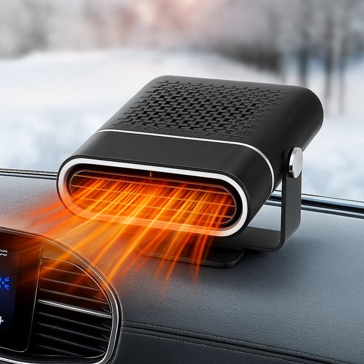 12V portable car heater & defroster for winter driving, quickly defogs windshield & warms vehicle.
