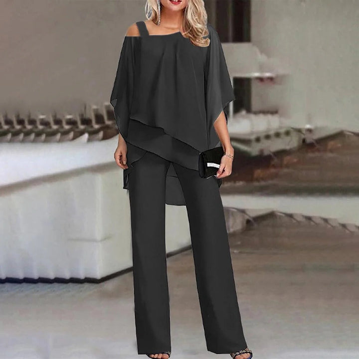 Women's Cold Shoulder Chiffon Overlay Wide Leg Jumpsuit Set