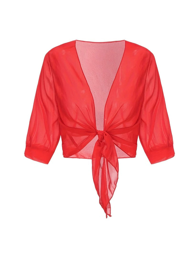 Women's Sheer Chiffon Tie Front Crop Cardigan