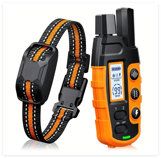 Waterproof dog training collar with remote control for pet obedience and behavior correction. Long-range.